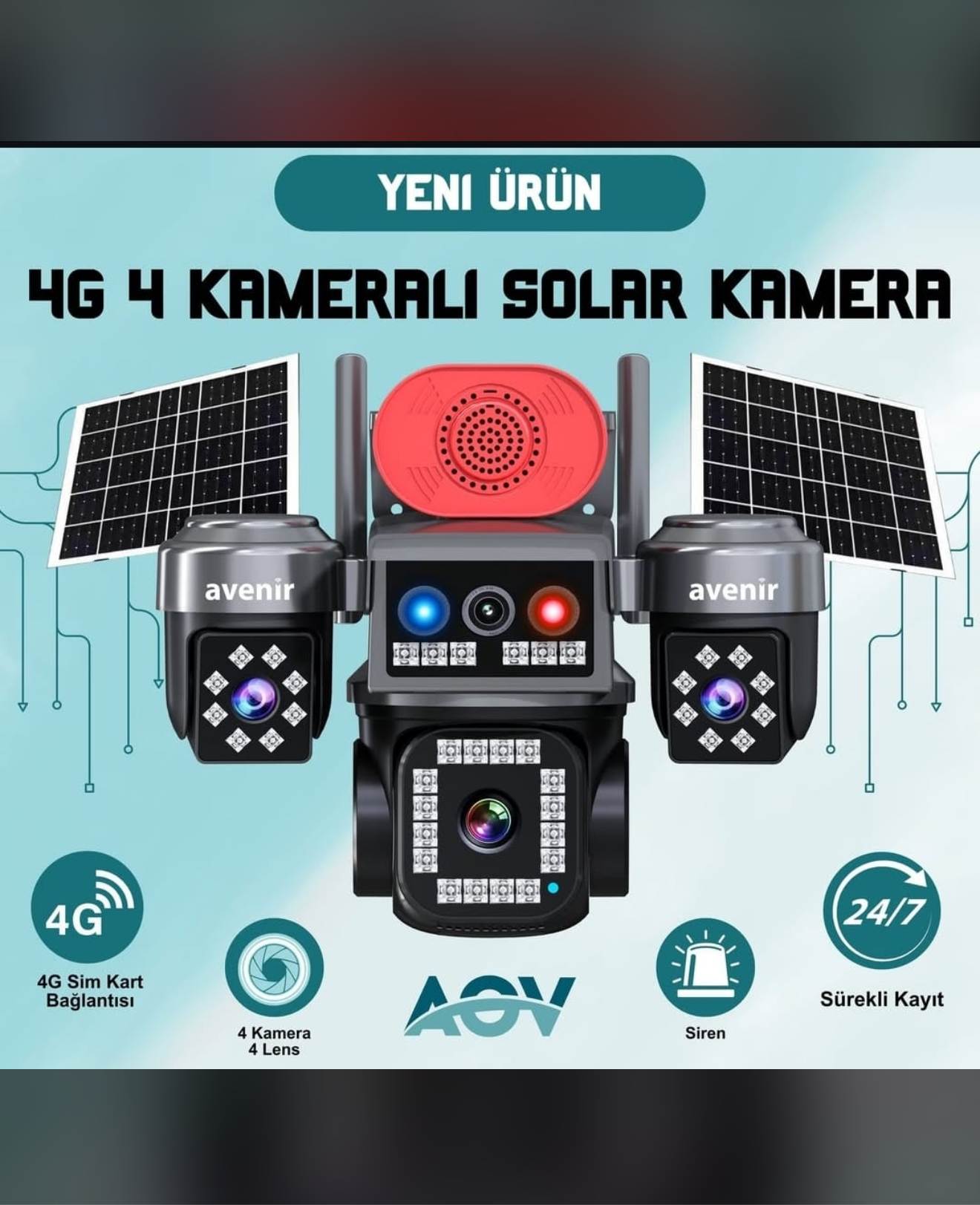 Avenir 4G 4 Kameralı Solar Kamera | E-SIM Destekli, Güneş Enerjili, 7/24 Kayıt